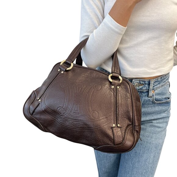 CELINE Vintage Macadam Big Logo Tote Bag Brown Gold Leather Nylon Zip [105063] - Picture 1 of 12
